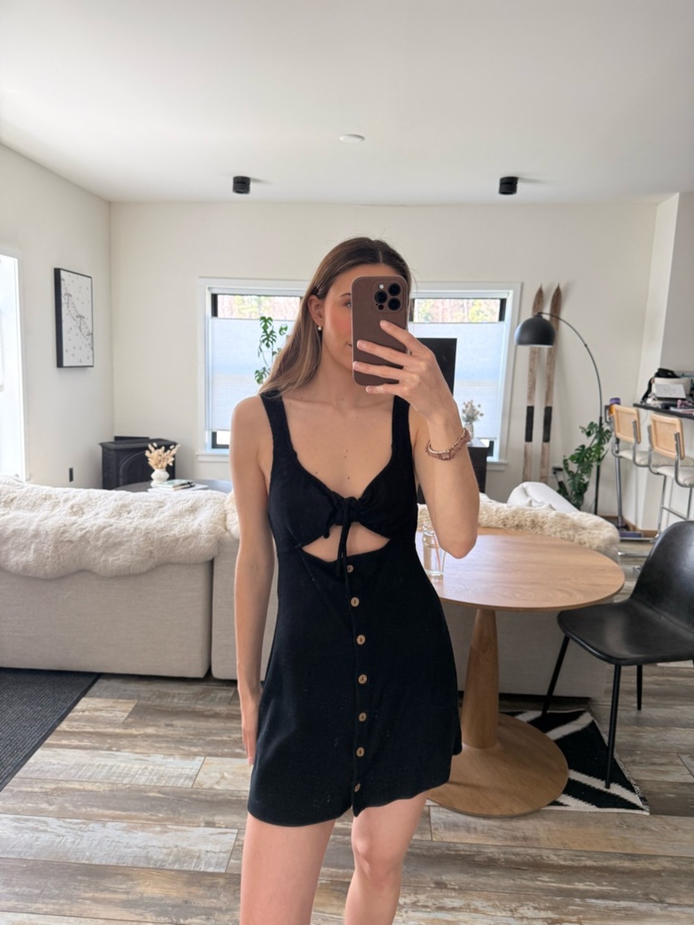 Free People Black Front-Tie Cutout Button Mini Dress